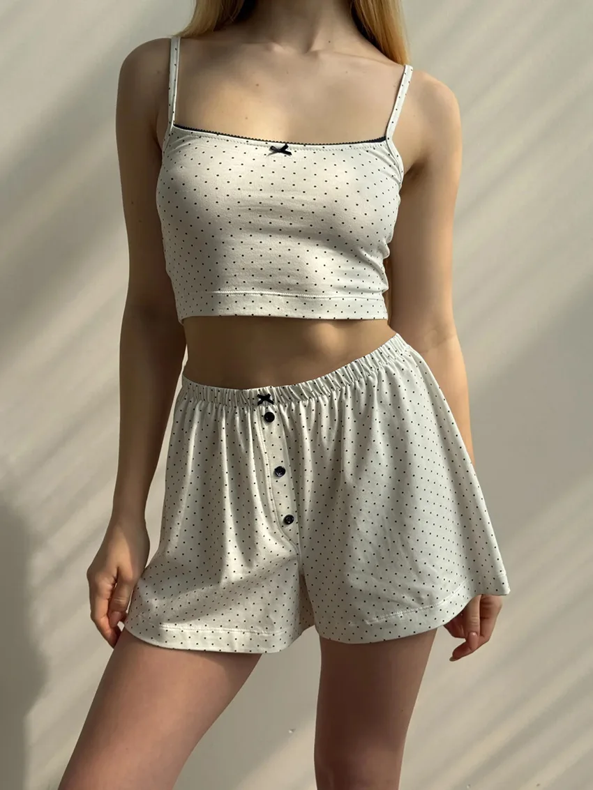 

2025 Knitted Milk Silk Printed Polka Dot Fashion Women's Suit Camisole + Shorts 2-piece Set Comfortable Pajamas Home Clothes
