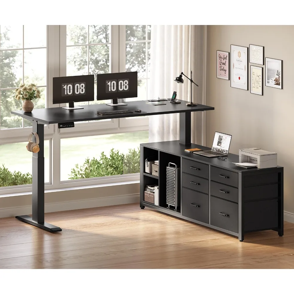 L Shaped Electric Standing Desk with 6 Fabric Drawers, 55