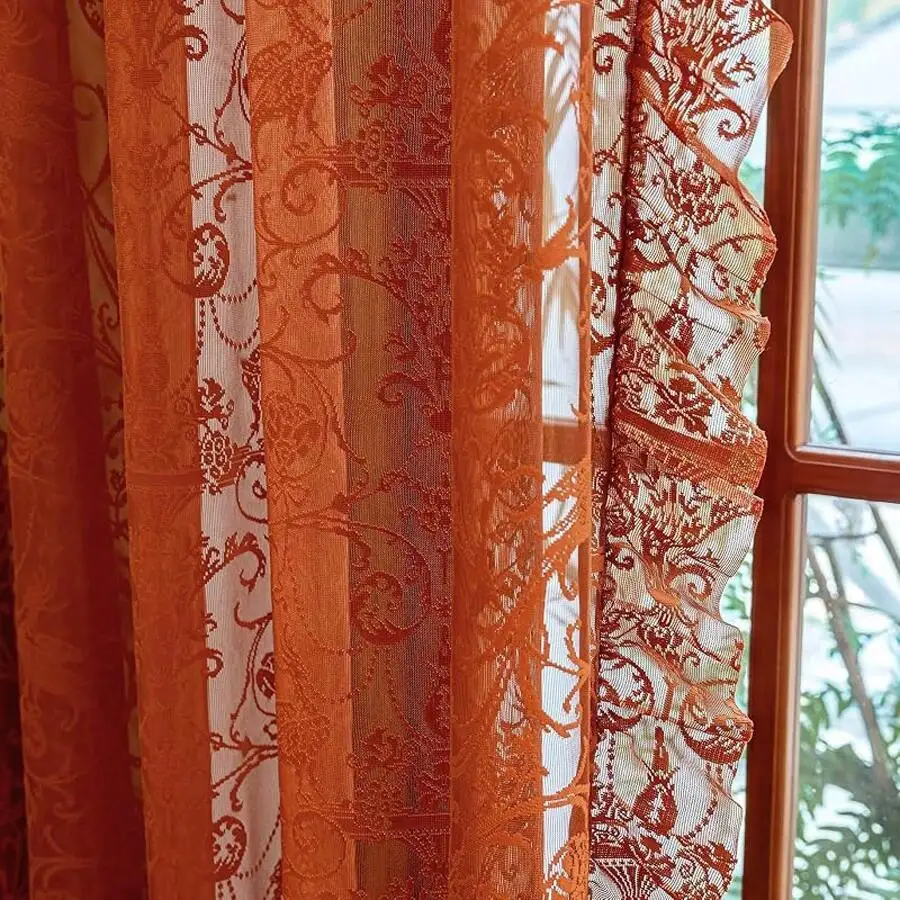 Orange Sheer Lace Curtains 30x72 Inch 2 Panels Floral Bird Pattern Rod Pocket Decorative Drapes