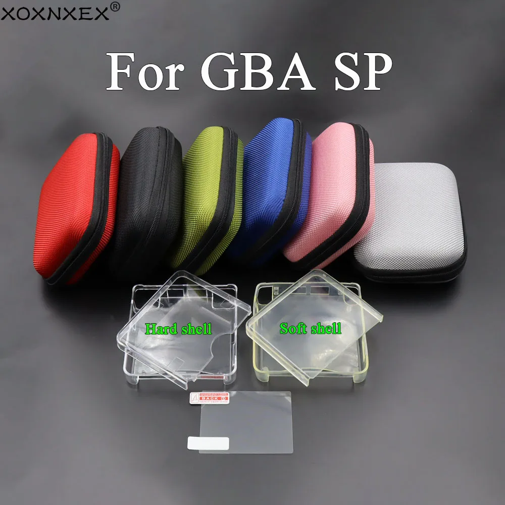 1Set TPU weiche transparente Schutzhülle/harte Kunststoff-Kristallhülle und Aufbewahrungstasche für GBA SP-Konsole + Displayschutzfolie