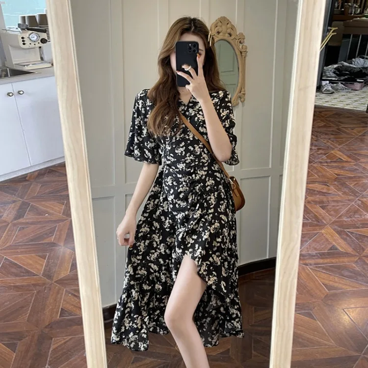 

2024 Dresses Women Print Asymmetrical Design Korean Style Ladies Knee-Length Fashion V-Neck Summer Sundress Vacation Streetwear