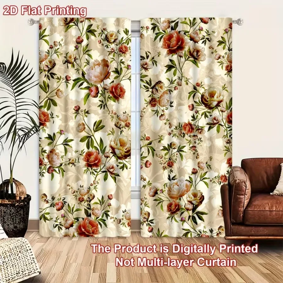 2 PCS Retro Floral Curtains, French Vintage Style Window Drapes for Living Room Bedroom Home Decor Polyester Rod Pocket
