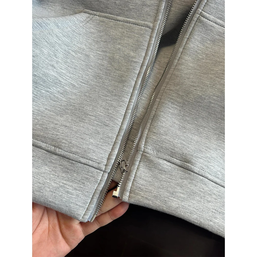 Damski szary płaszcz z kapturem, jednolity kolor, długi rękaw, luźna kurtka na zamek błyskawiczny, styl sportowy, damska moda jesienna, oversize, odzież wierzchnia.