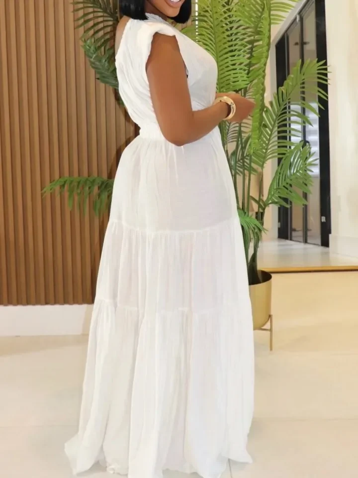 Fashion One-shoulder Sleeve Dress Lady Elegant Sexy Solid Off Shoulder High Waist Loose Dresses Women Holiday Party Skirt Summer