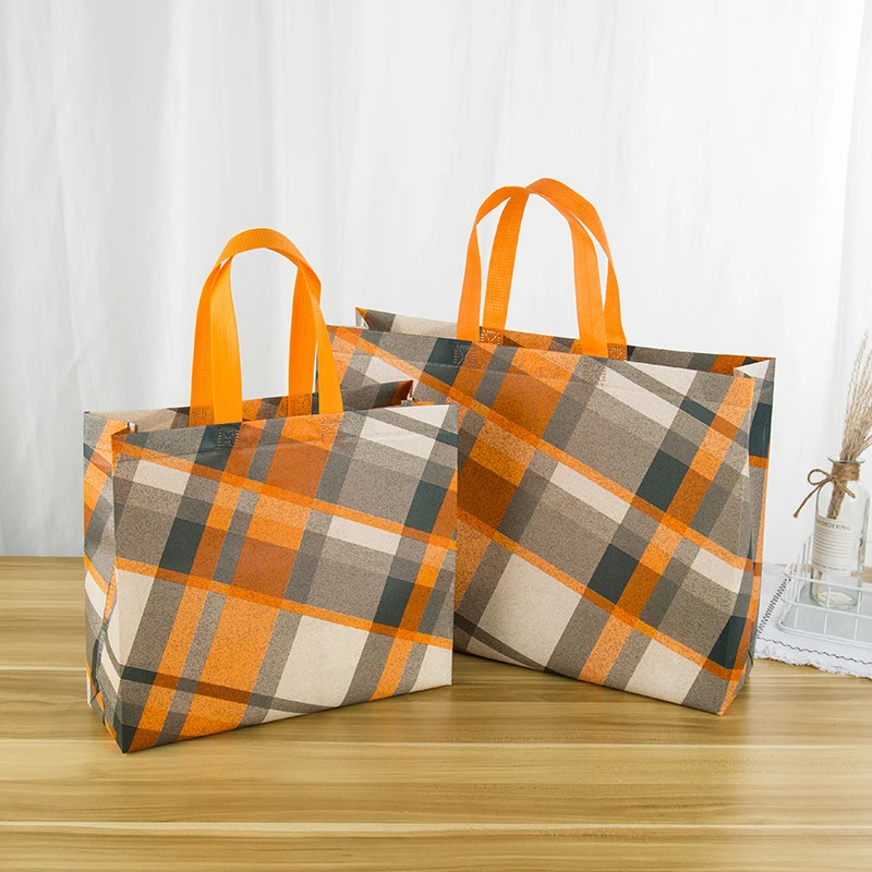 Reusable Non-woven Storage Bags Yellow Plaid Tote Shopping Bags Eco Goodie Handbags Waterproof Large Travel Storage Organizer