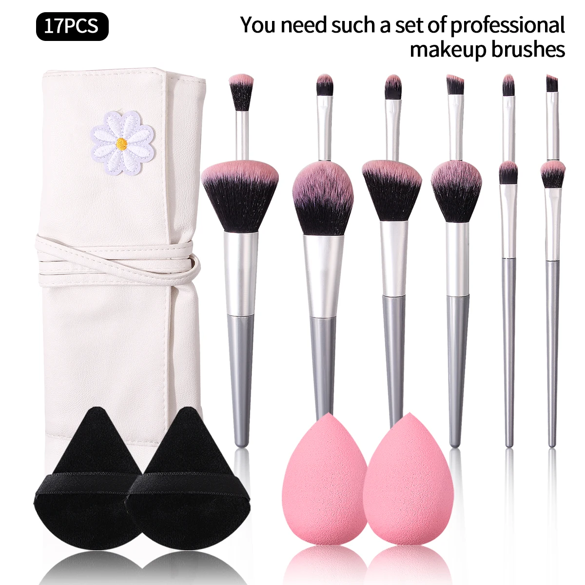 17PCS set 12pcs beginner makeup brush set +2pcs non-powder beauty egg +2pcs triangle powder puff +1pcs makeup brush strap bag