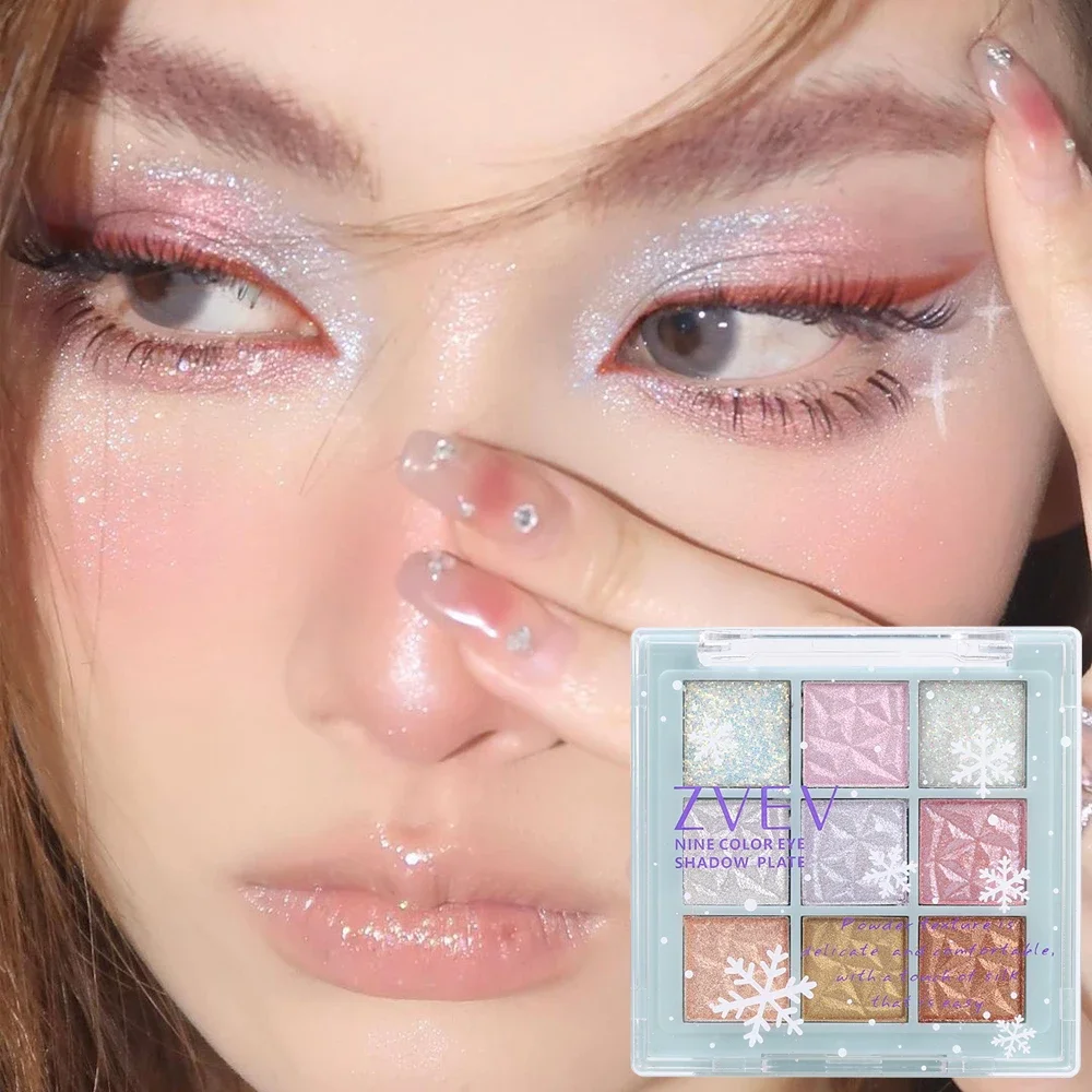 Paleta de Sombra Snowflake, Impermeável, Brilhante, Brilho, Perolado, Duradouro, Cromo, Maquiagem dos Olhos, Cosméticos, Azul, Rosa, 9 cores