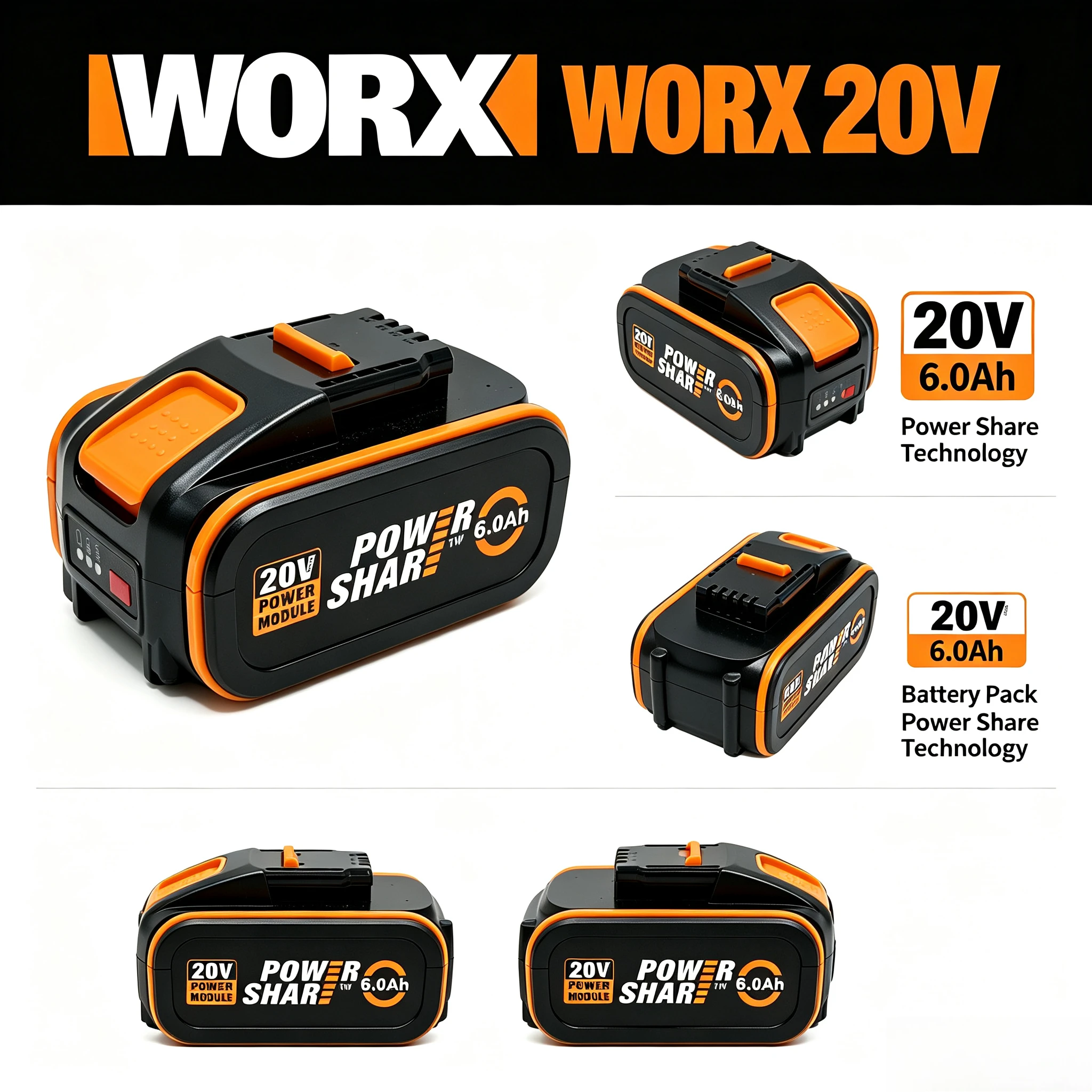 WORX 20V 6.0Ah 4Pin Lithium Battery A Grade Lithium Cells Smart BMS Protection for WORX WX373 WG322 Duty Cordless Power Tools