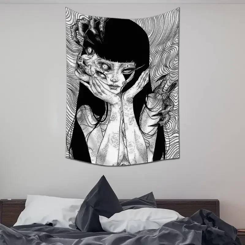 VIKAMA Dark Surreal Art Tapestry Black White Gothic Girl Multiple Eyes Claw Hands Creepy Wall Hanging Bedroom Decor