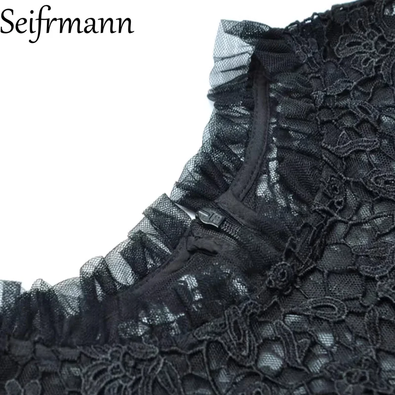 Seifrmann 2026 Frühling frauen Neue Mode Rundhals Laterne Langarm Spleißen Mesh Wasserlösliche Blume Taille Kleid