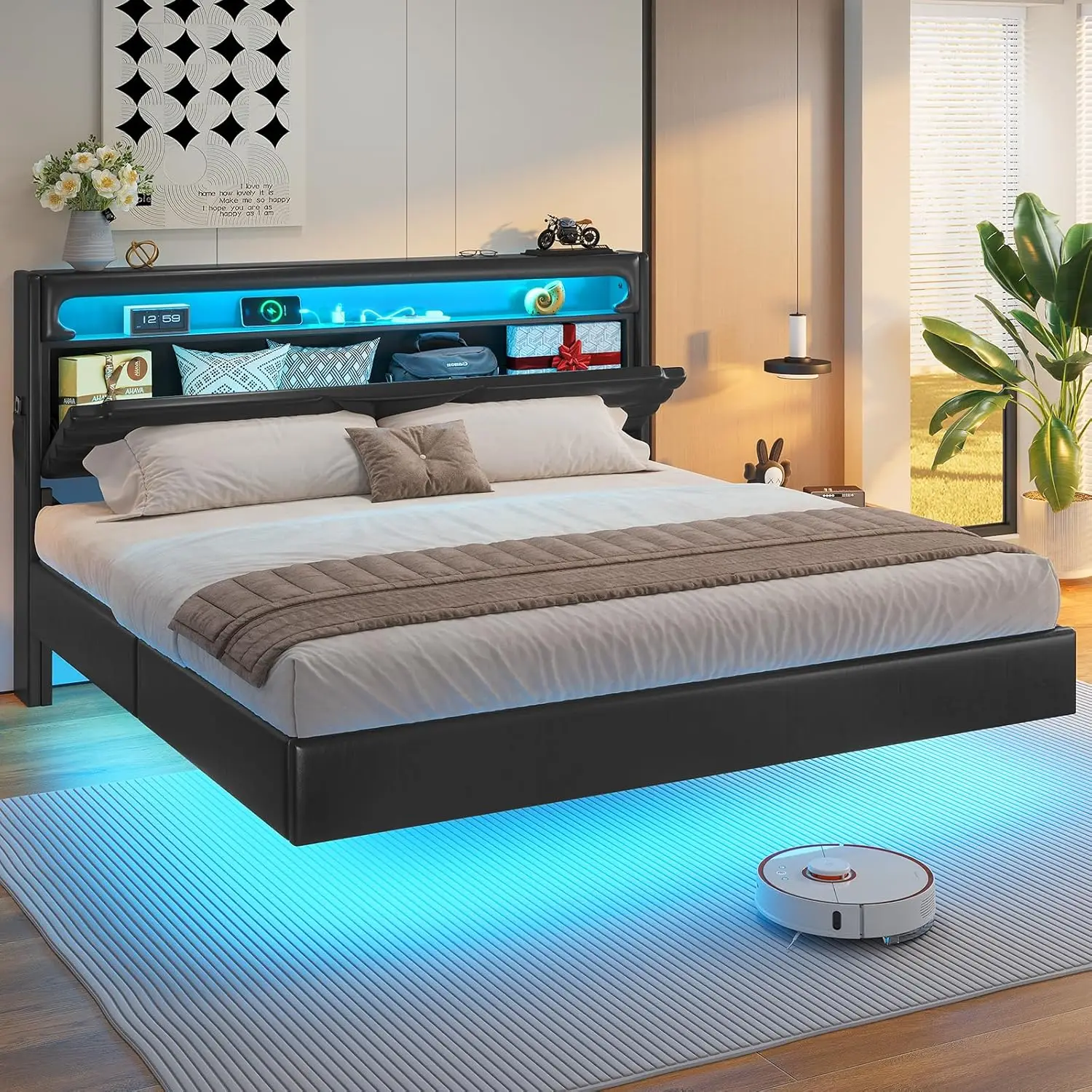 King Size Floating Bed Frame with Type-C Charging Station& Hidden Storage Headboard