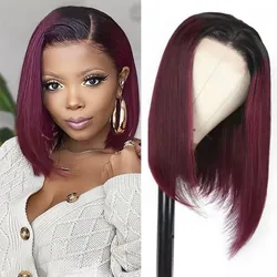 T1B/99j Burgundy Red Straight Bob T Part Lace Front Human Hair Wig For Women Colored Brown #2 Brazilian Remy Hair Natural Wig