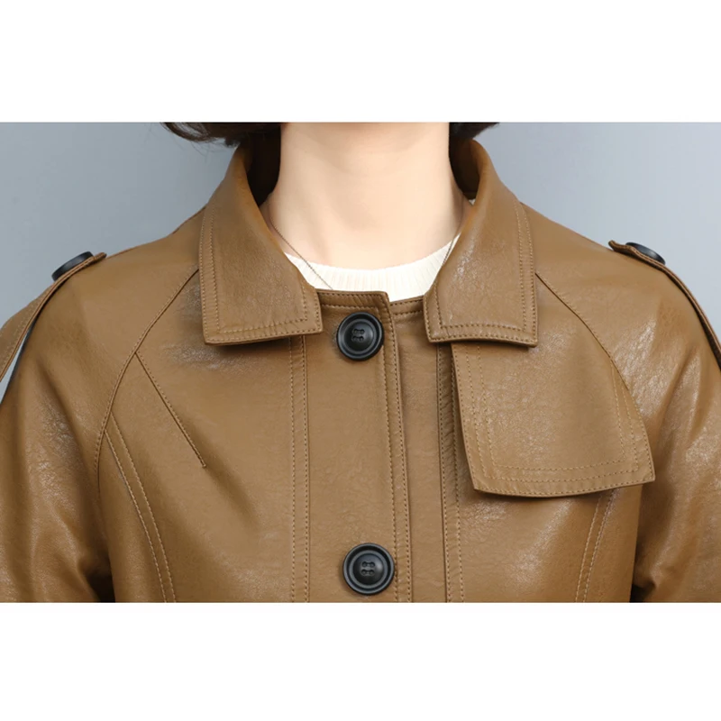 Pop Women Genuine Leather Trench Coat Spring Nice Fashion Turn-down Collar Solid Color Drawstring Loose Long Sheepskin Coat