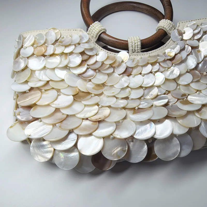 Handmade Natural Shell Handbag Y Seaside Holiday Fairy Style with Wooden Handle Chain Shoulder Crossbody Bag for Women