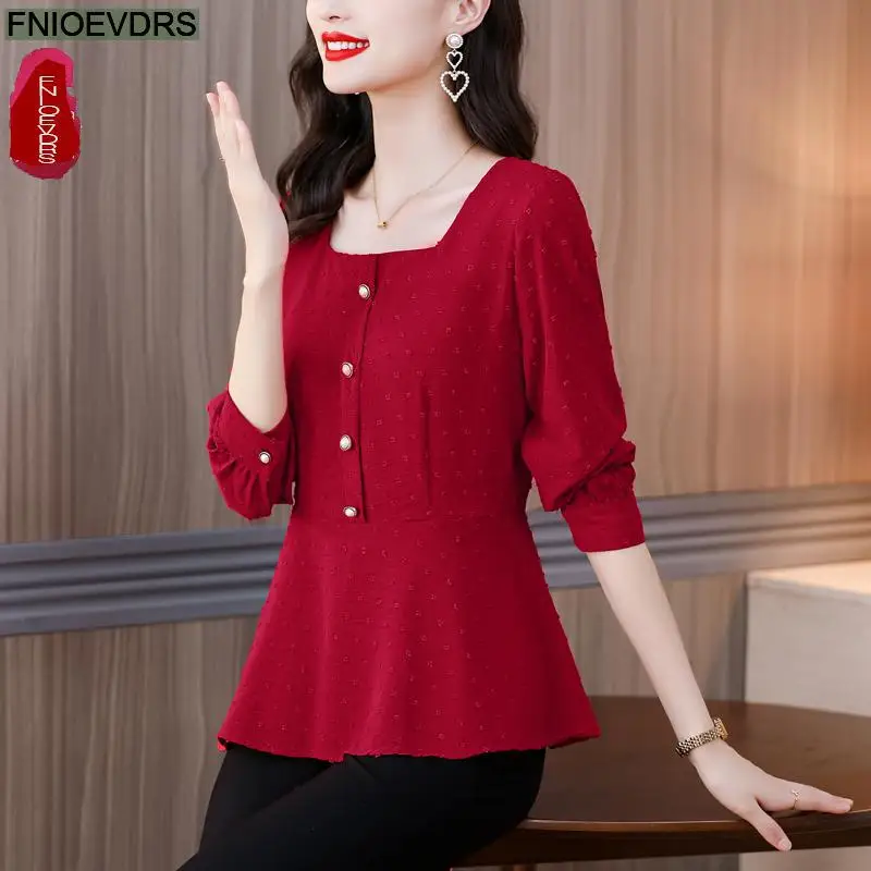 S-3XL 2023 Women Autumn Basic Wear Elegant Office Lady Work Button Shirt Casual Red Retro Vintage Peplum Tops And Blouses