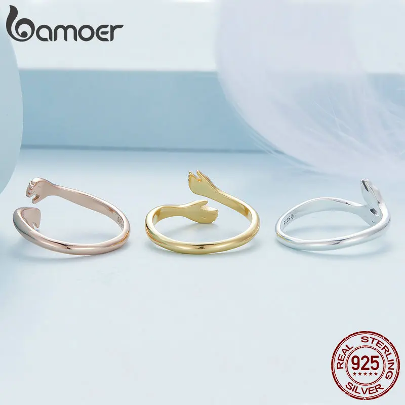 Bamoer 925 Sterling Silver Plated Hug Rings Multicolor Love & Friendship Adjustable Rings for Men & Women Warm Gift Fine Jewelry