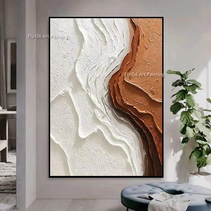 Abstract Thick Texture Oil Painting Handmade White Brown 3D Textured Wall Art Modern Minimalist Canvas Art For Home Decor