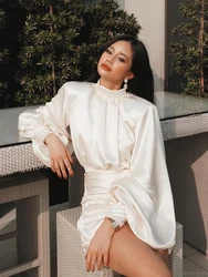 Mingmingxi Ruched Satin Dress Women White Latern Sleeves Sexy Party Dress Autumn Night Club Mini Dresses 2020 Vestdios