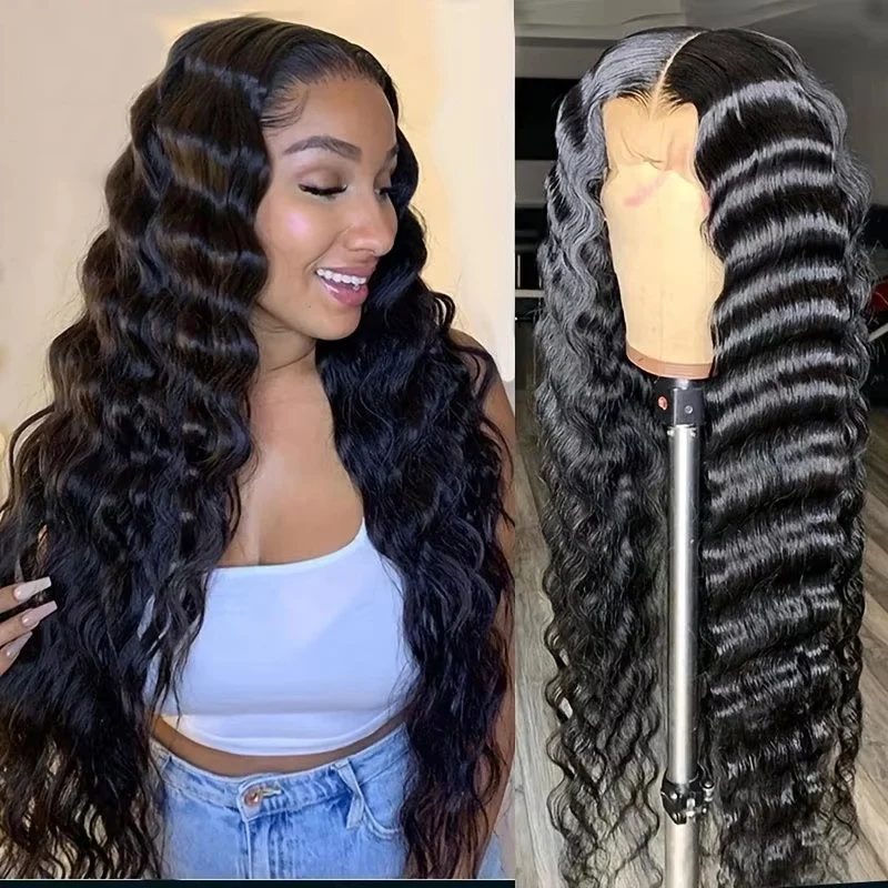 

250% Density Deep Wave Wavy Curly Human Hair Wigs 13x4 Transparent Lace Frontal Brazilian Hair Wig for Black Women