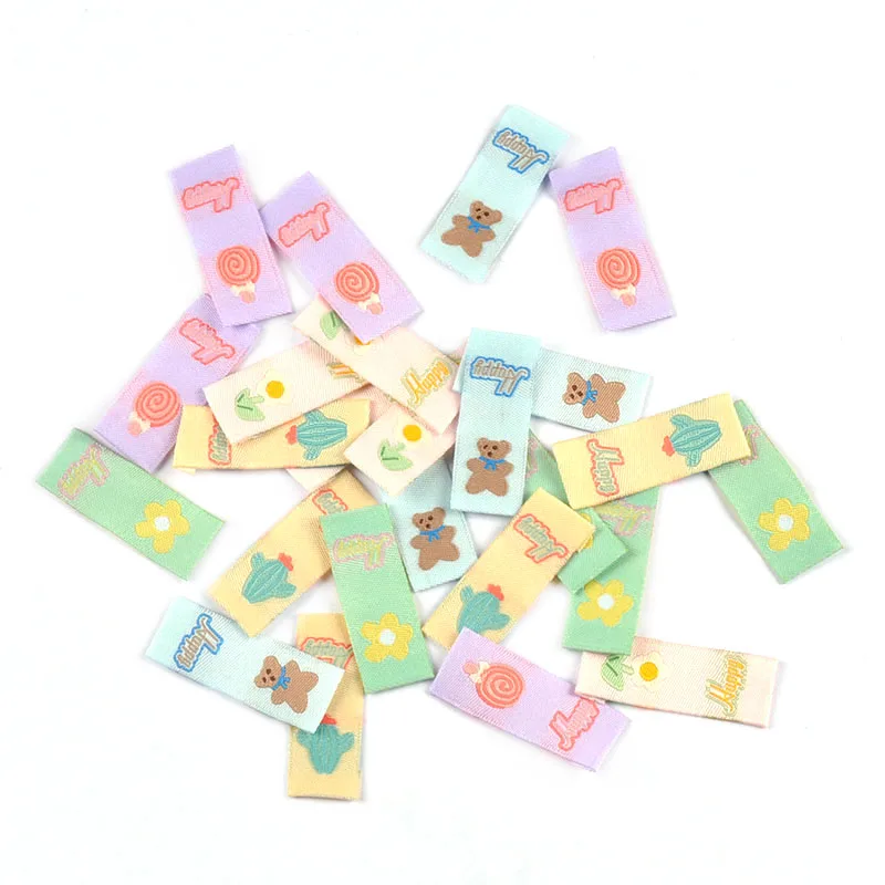 50pcs 39x15mm Cute Bear/Flower/Cactus/Lollipop Mixed Embroidered Labels Washable Tags For Clothes Sewing Accessories Decor c3742