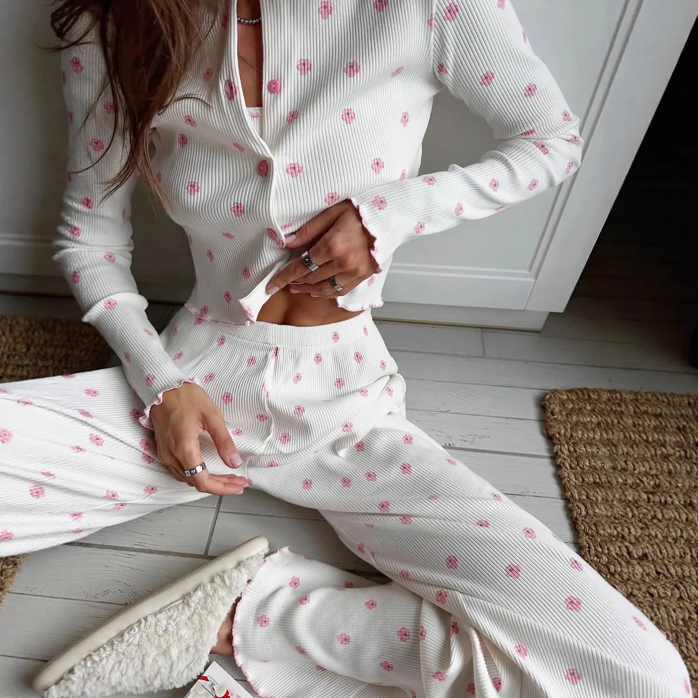 Two Set No Collar Full Length Set with Long Sleeve Long Pants European and American Style Autumn Outdoor Loungewear for Women