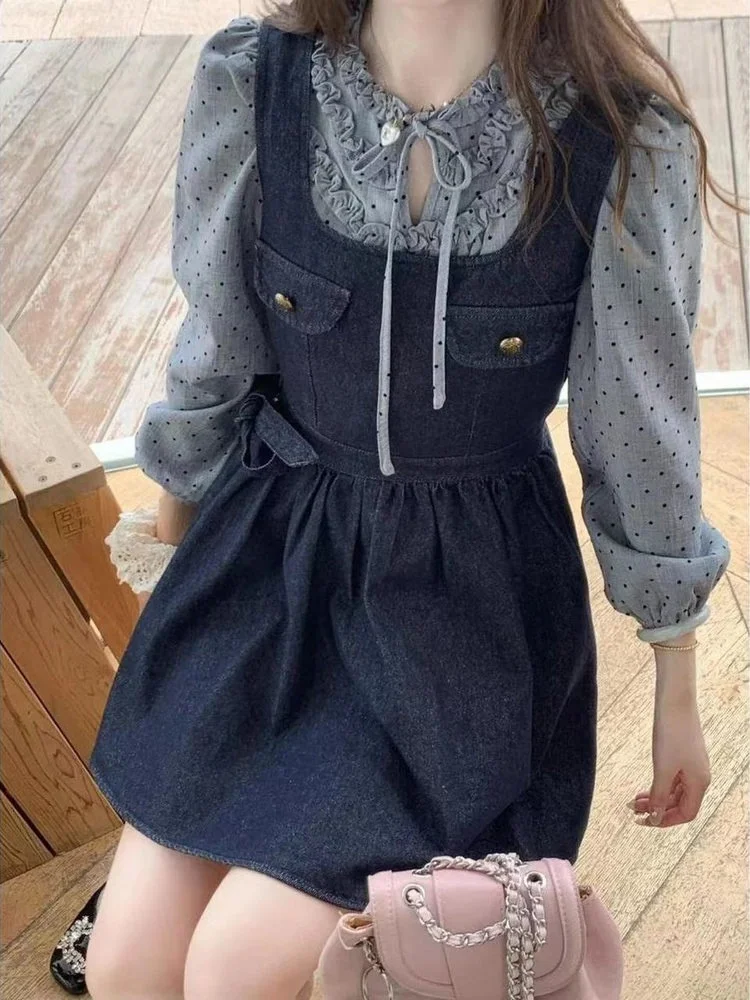 

Casual Sweet Sister Denim Dress Women's Early Autumn New Polka Dot Long Sleeve Shirt Two Piece Set Fashion Ensemble