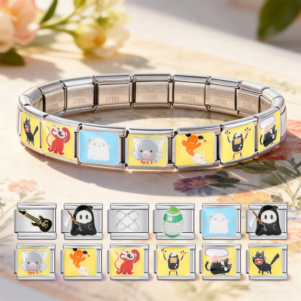 Wholesale Colorful Cat Dog Ghost Italian Charm Link Fit 9mm Stainless Steel Jewelry DIY Making Women Men Bracelet Accessories