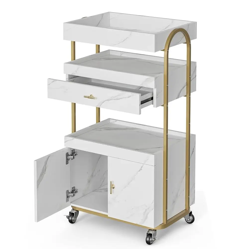 

Paddie 3-Tier Salon Utility Cart with Drawer & Cabinet, Gold Esthetician Storage Trolley for Beauty Spa Barbershops