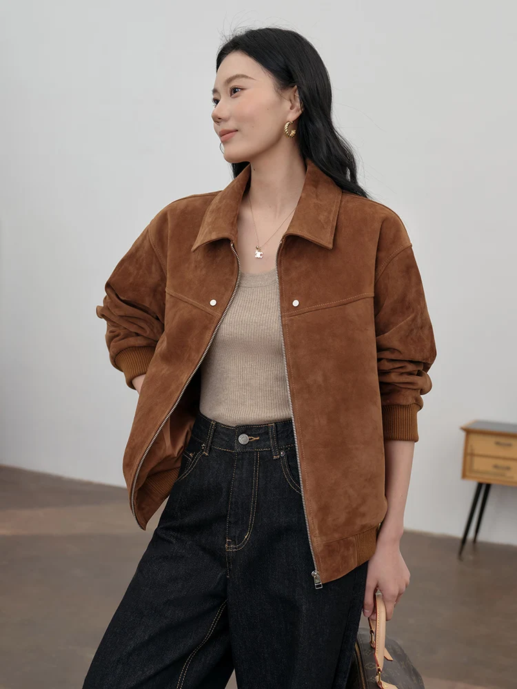 Vintage Genuine Leather Bomber Jackets for Women Spring Autumn 2025 New High-end Solid Classic Simple Real Sheepskin Suede Coat