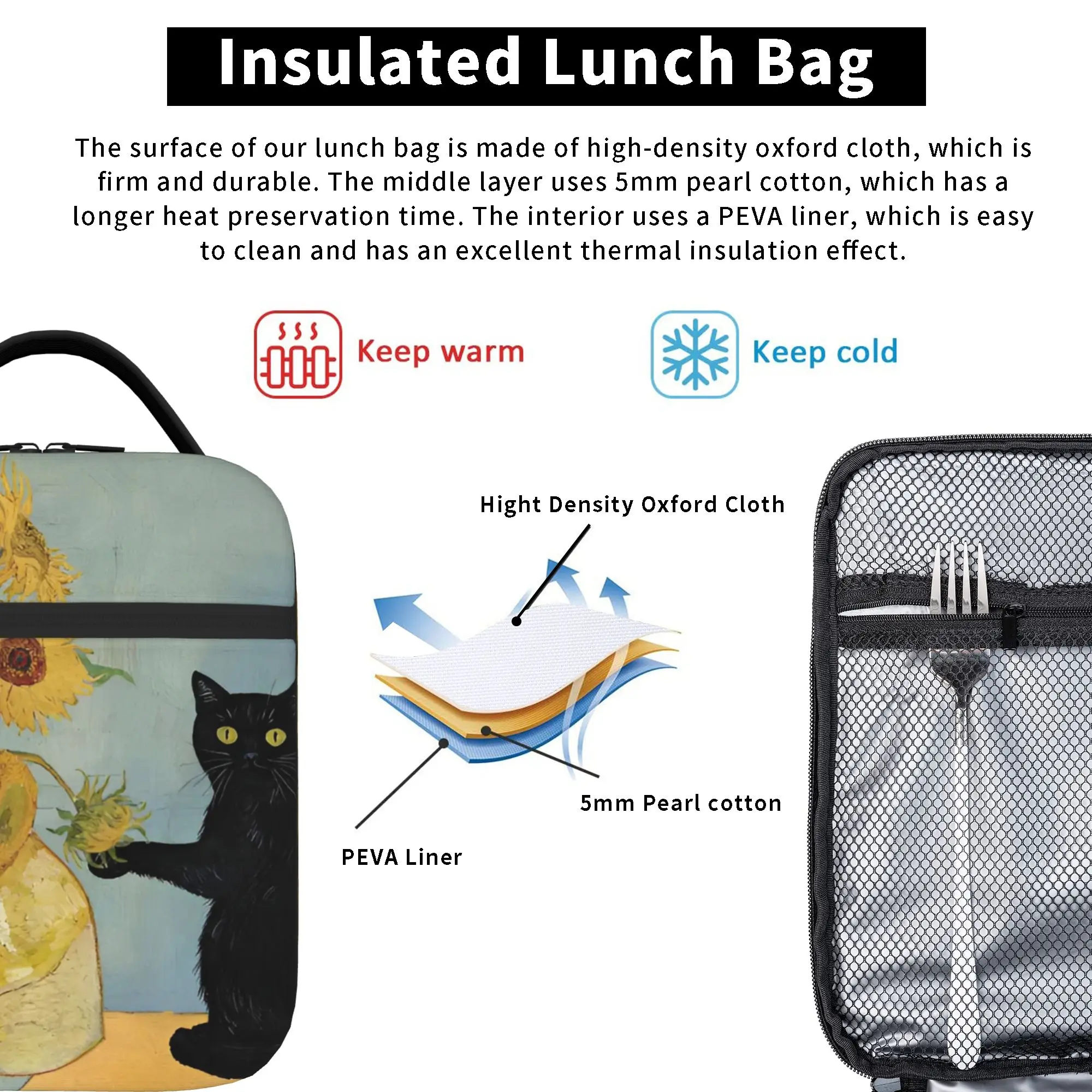 Van Gogh Sunflowers Cat Funny Insulated Lunch Tote Bag for School Office Oil Painting Portable Thermal Cooler Men Women Food Bag - view 3