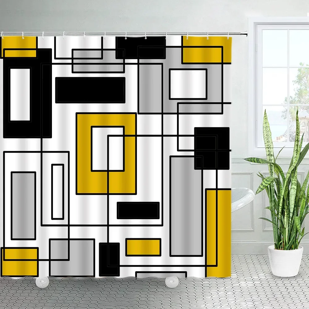 Creative Geometric Shower Curtains Red Black Grey Square Plaid Line Modern Abstract Art Printing Bathroom Decor Bath Curtain Set