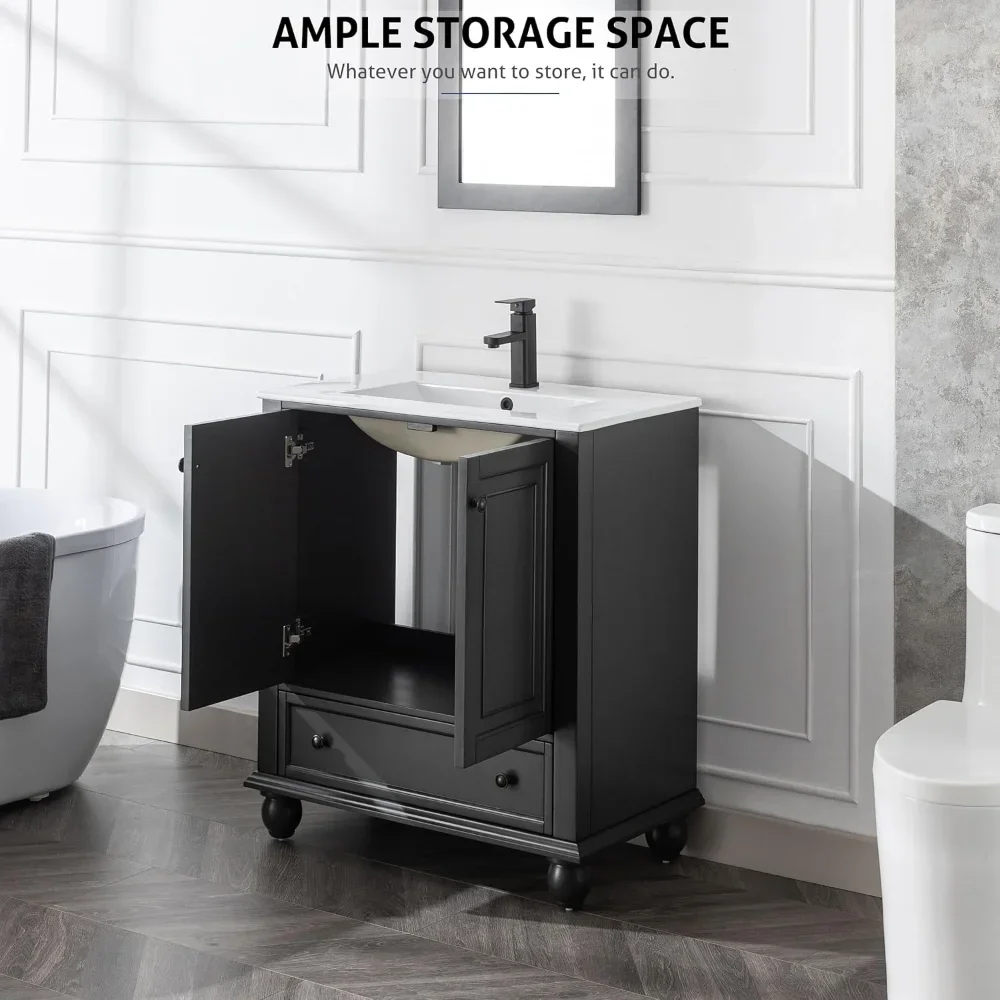 Lavabo da bagno da 30" combinato in stile vintage con struttura in legno massello verniciato, lavabo in ceramica sottopiano nero