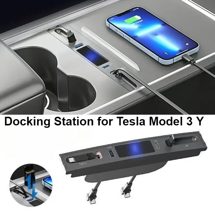 

Docking Station for Tesla Model 3 Y Accessories 27W Quick Charger USB Shunt Hub Extension Center Console Smart Sensor 2021-2023