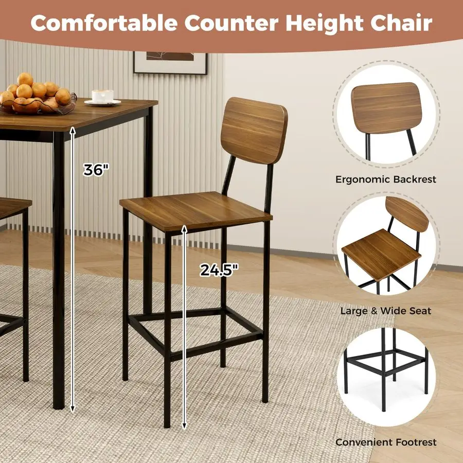 5Piece Dining Table Set for Small Space, Kitchen Table and Chairs Set for 4 with Steel Frame, Square Breakfast Table Set, Indust