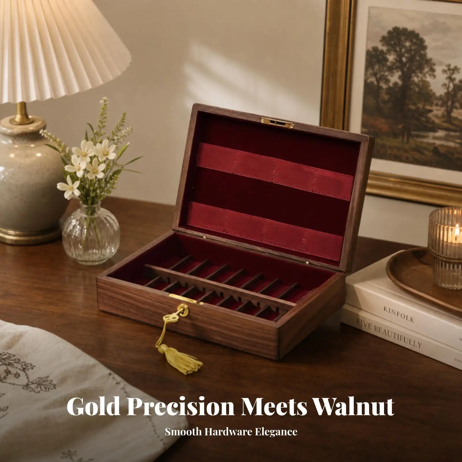 Wooden Storage Box with Lid for Jewelry Organizer Necklace Ring Bracelet Keepsake Display Case Walnut Finish