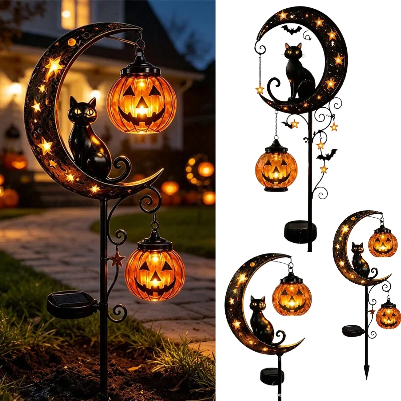 2026 Solar Powered Halloween Garden Stake Light Moon Black Cat Pumpkin Lantern LED Light For Patio Lawn Outdoor Decoration