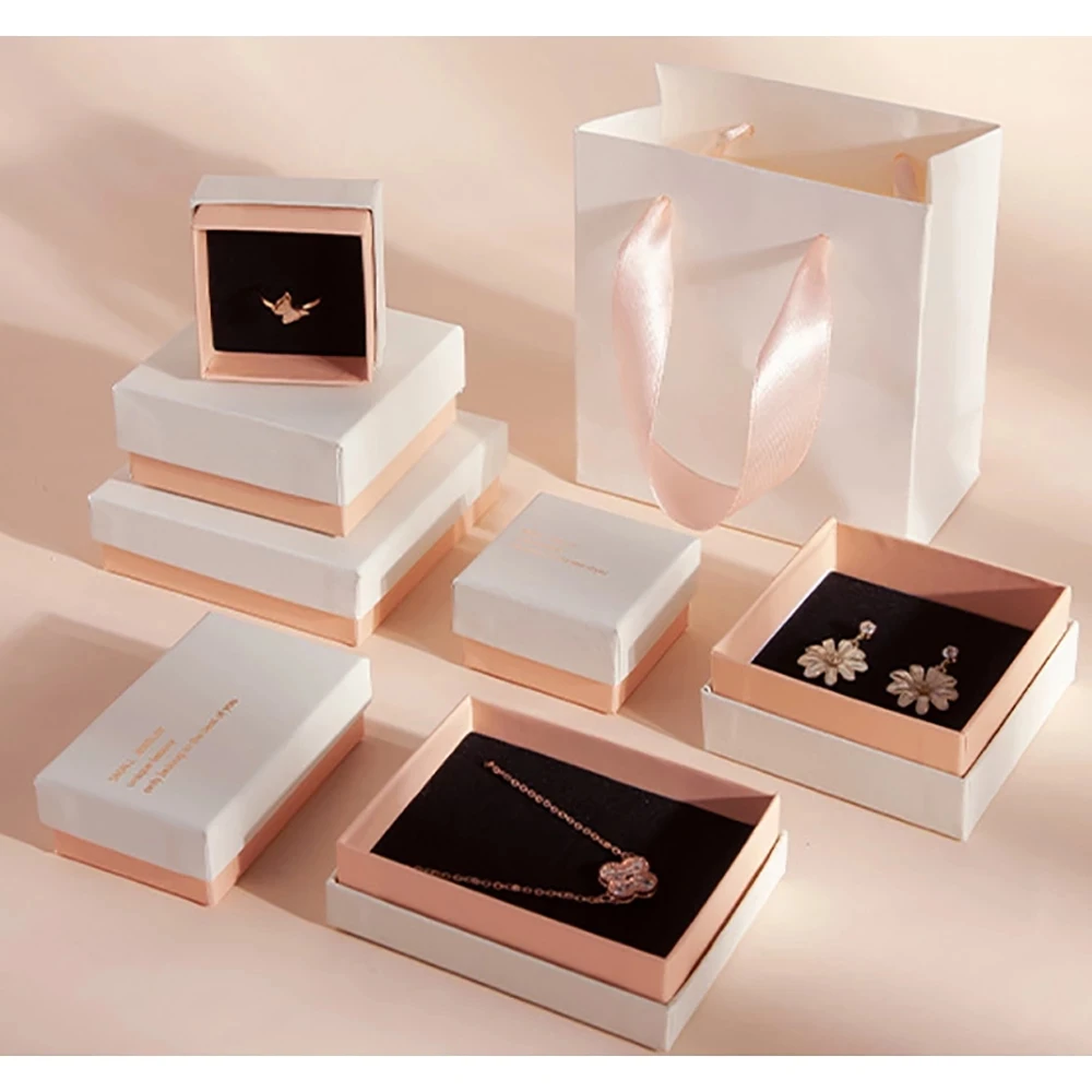 

50pcs Luxury Cardboard Jewelry Box Bronzing Process Blessing Word Best Gift Earring Ring Necklace Jewellry Organizer Packing Box