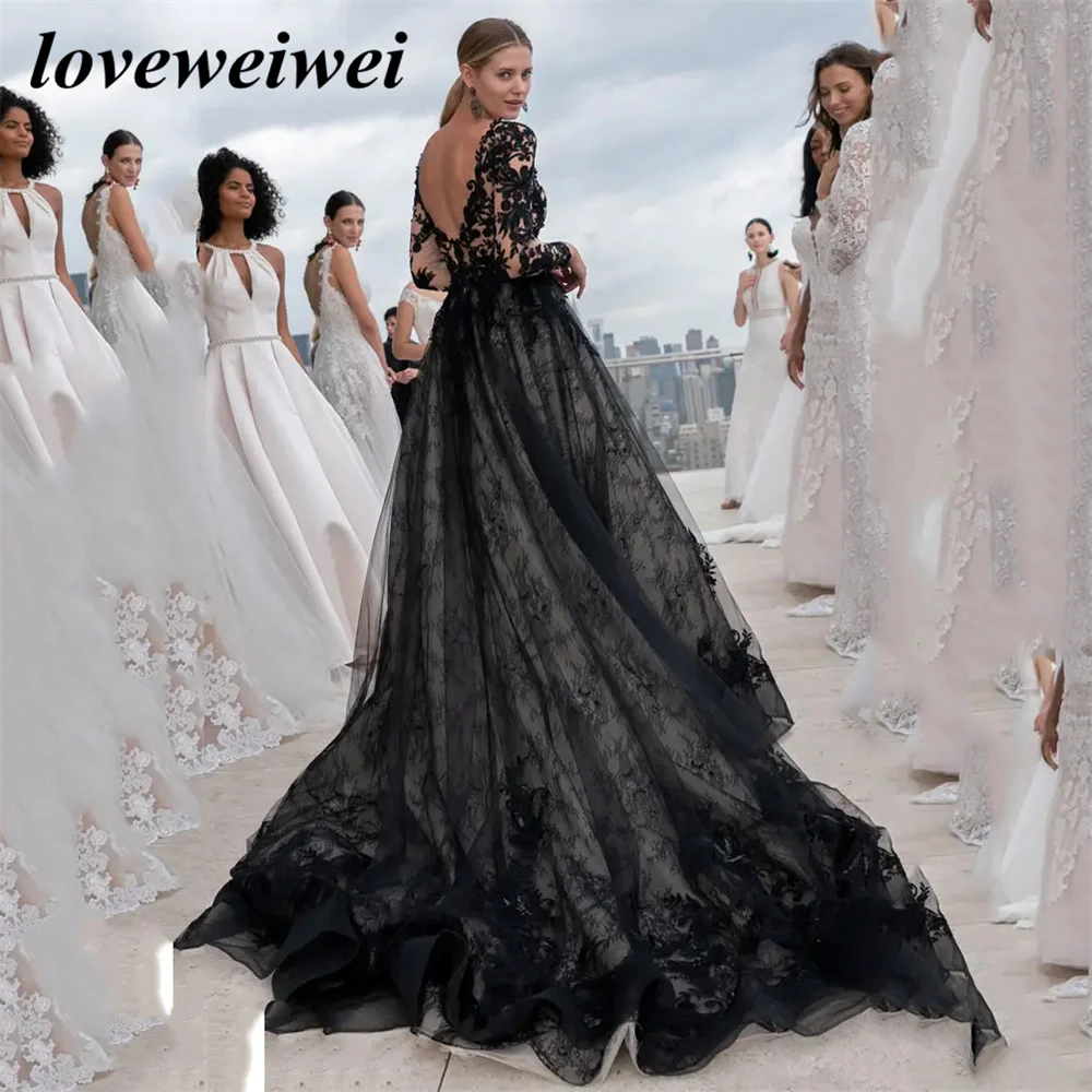 Gothic Black Lace Applique Wedding Dresses Sexy Backless A-line Evening Dress Deep V Neck Long Sleeves Bridal Gowns