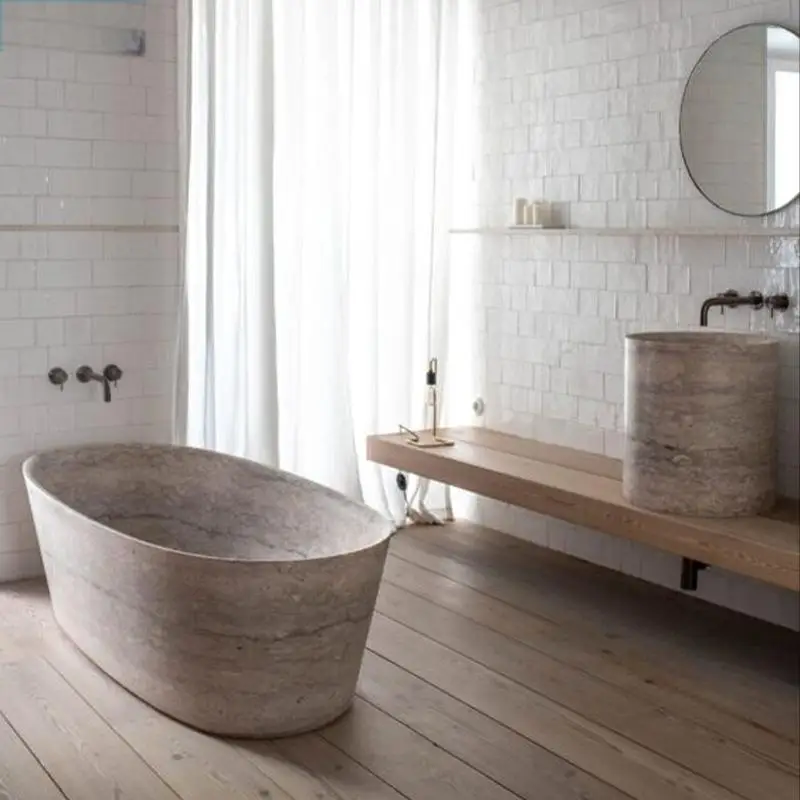 حوض استحمام من الرخام الطبيعي، حمام مخصص للفندق/الفيلا، فني، دش داخلي/خارجي، فاخر منحوت بسيط، تصميم من قطعة واحدة #3