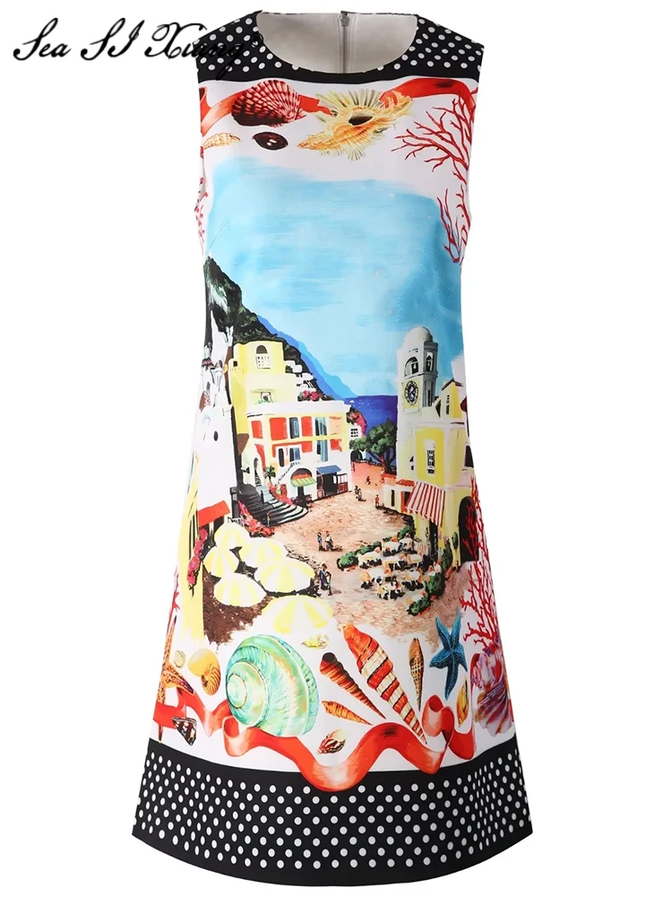 

Seasixiang Fashion Designer Summer Tank Dress Women's O-Neck Sleeveless Dot Landscape Print Beach Style Dresses