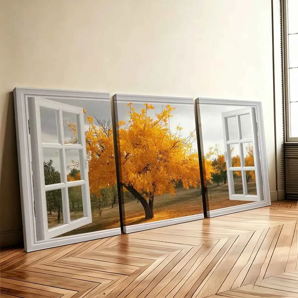 [2D Flat]3pcs 11.81*15.74in/30*40cm（frame）Art Home Decor Painting Golden Autumn Tree Through an Open Window