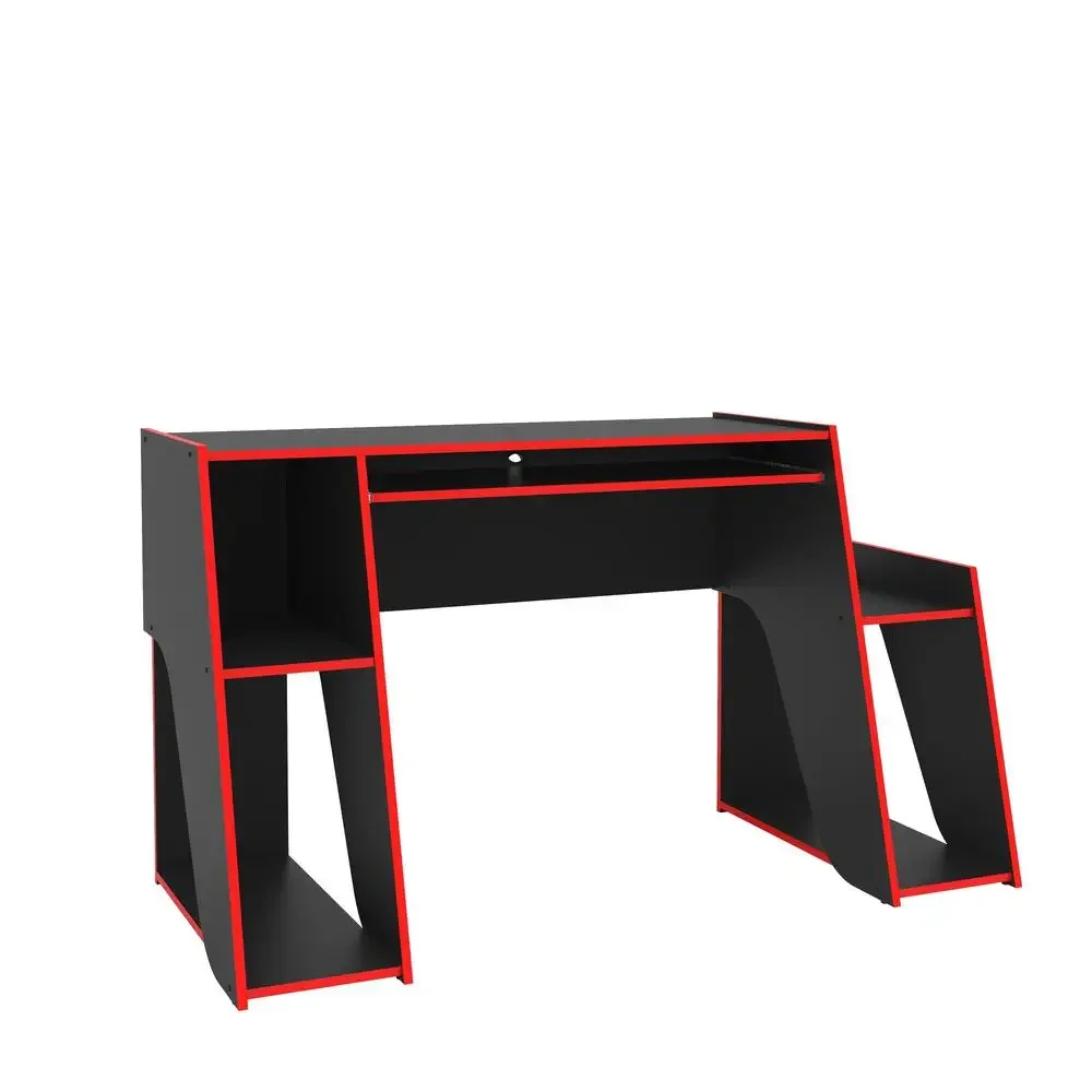 Gaming Computer Desk Keyboard Tray Shelves Cable Management Red Black Wood Melamine Finish Kyoto Collection Large Surface Top