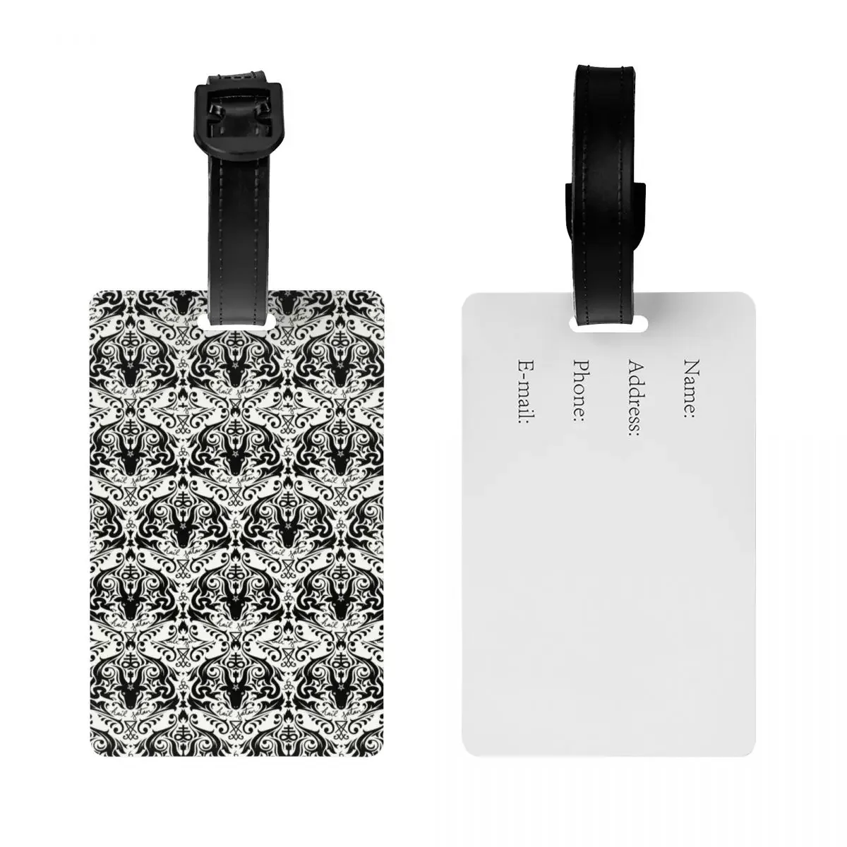 Custom Damask Hail Satan Luggage Tag With Name Card Cross Devil Baphomet Privacy Cover ID Label for Travel Bag Suitcase