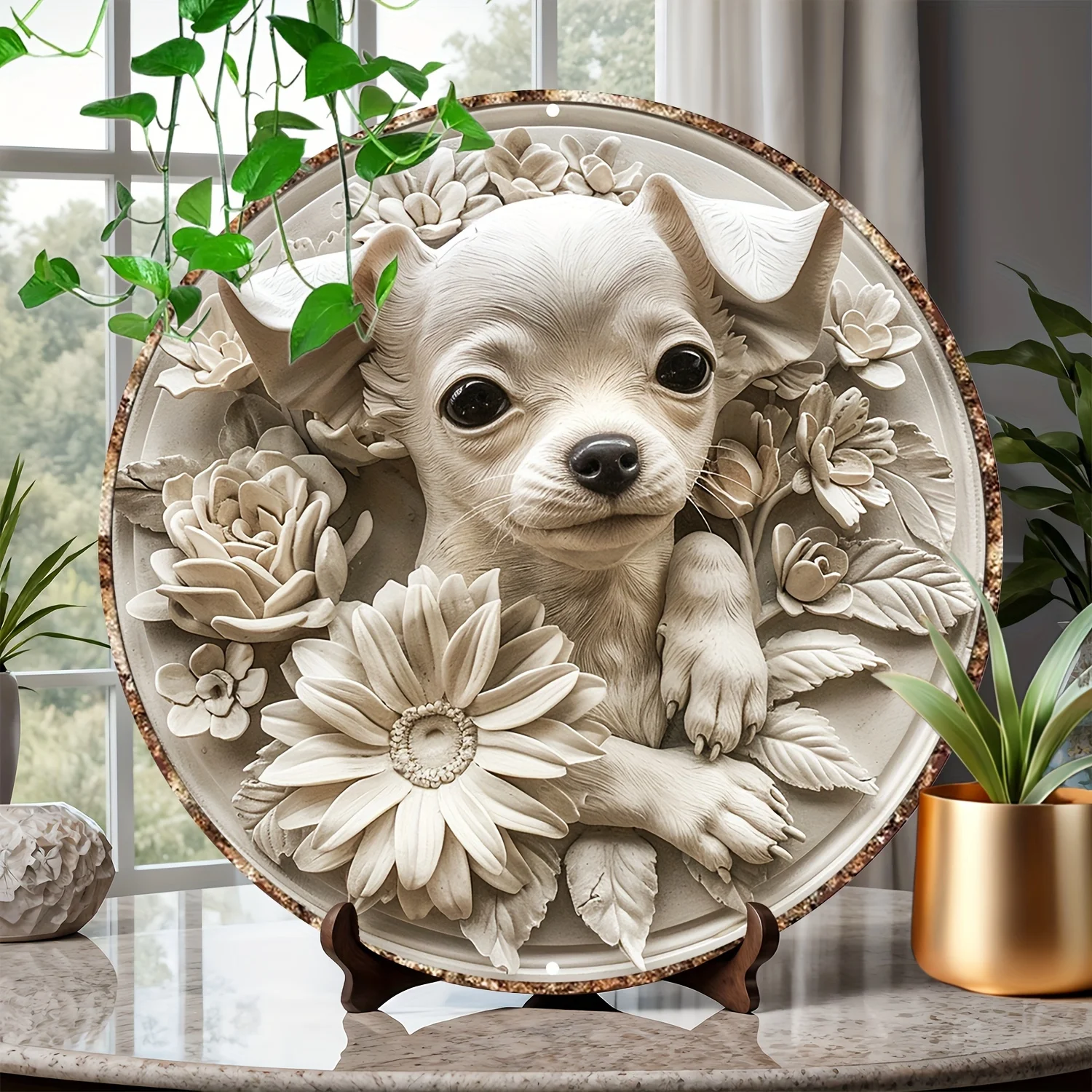 ديكور فني جداري معدني من الشيفون الأبيض عباد الشمس ، نحت من الألومنيوم الدائري المطبوع بأشعة HD ، 8 × 8 بوصة ، 1 * *