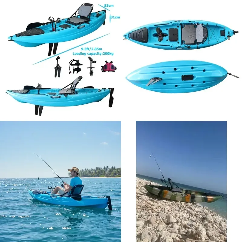 Hot Sale 9.3ft Fin Pedal Drive Solo Single Seat Kayak 1 Person Sit-On-Top HDPE Plastic Flap Fishing Surfing Ocean Lake Rivers