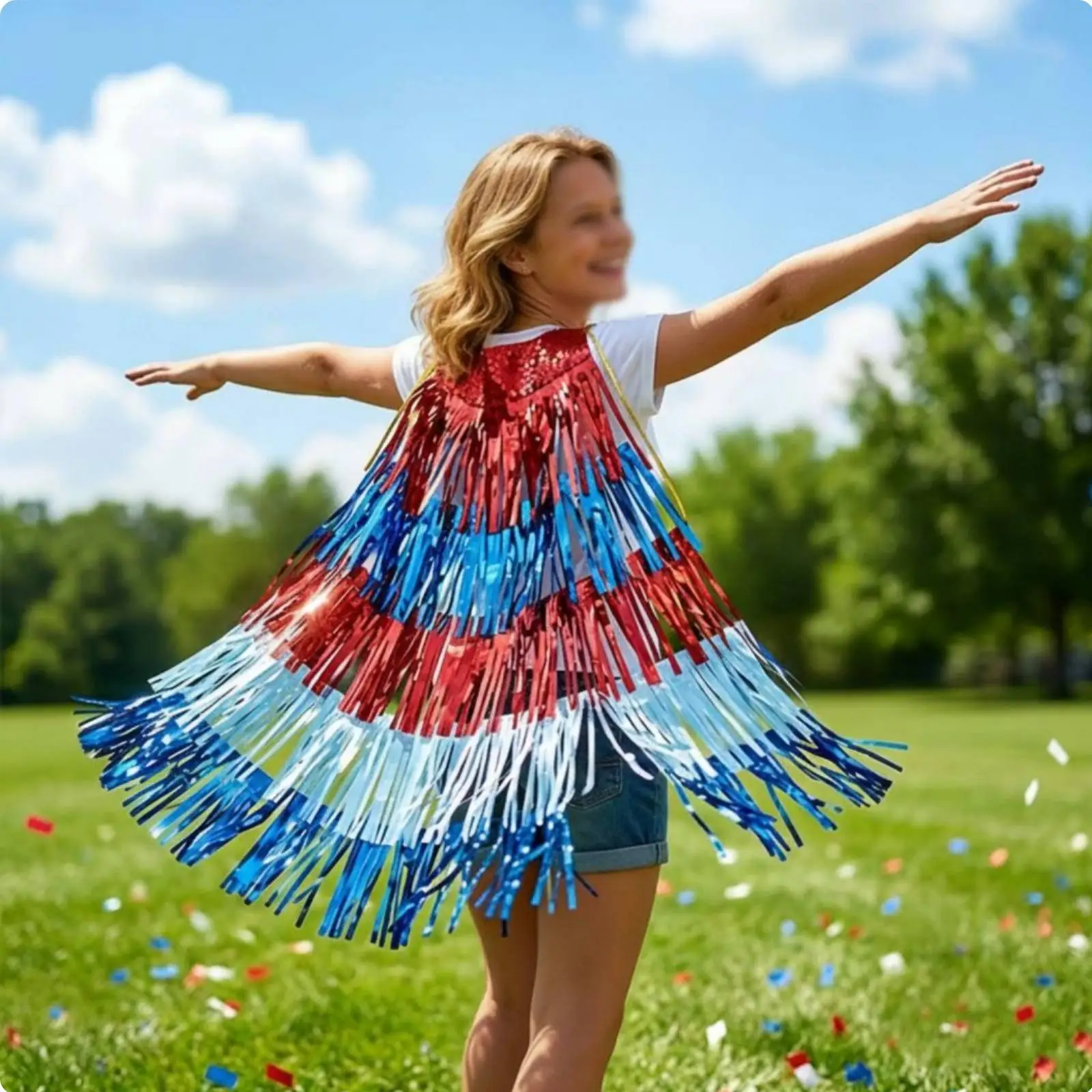 Tassel Fringe Patriotic Cape for Independence Day Shiny PET Material Shawl for Adults Celebration Costume Party Wear