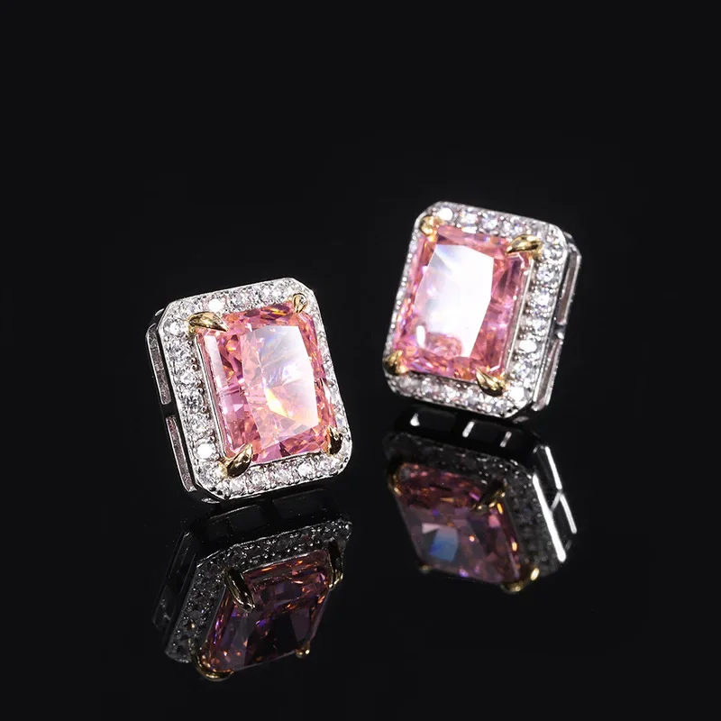 18K Gold Inlaid with PT950 Platinum Internet Celebrity Into High Carbon Diamond Padparadscha Diamond Earrings Main Stone 8*10