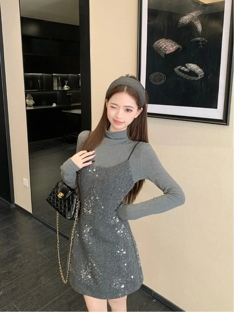 Ele ey High Collar Base T-irt Women's Winter New Sparkling Waist Cinch ter Dr Two Piece Set Faionable Ensemble