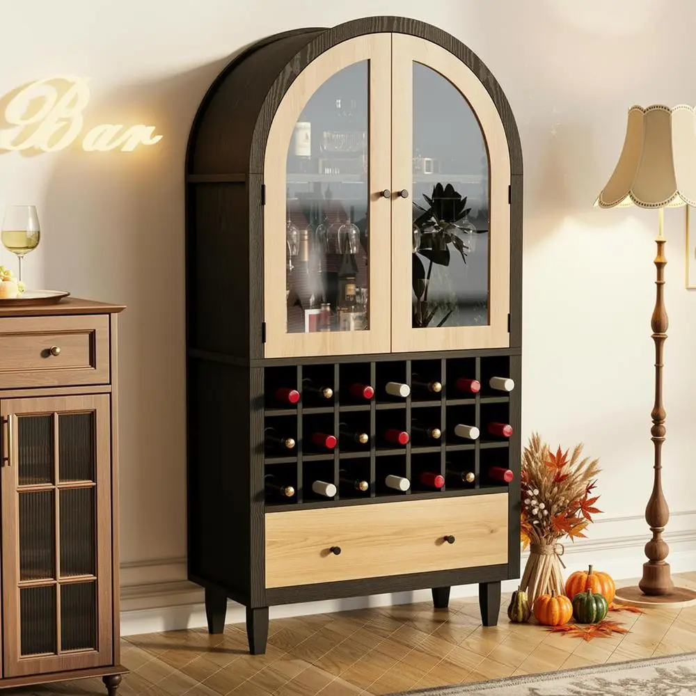 

Modern Curved Wine Cabinet - 2 Doors, Stemware Holders, and Wine Rack for Home Bar, Dining, Kitchen, Living Room, Entryway