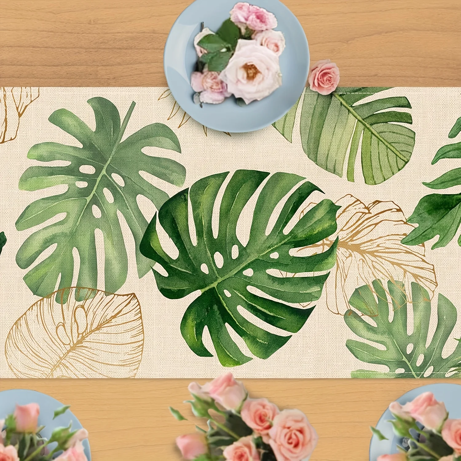 Polyester Tropical Table Runner Palm Leaf Print Beige Base Color Exotic Style Dining Decor Summer Party Accent Fresh Durable